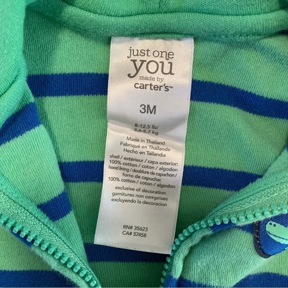 Just One You Carter’s Later Gator Blue Green Striped Hooded Jacket Size 3M